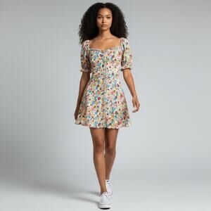 The Andamane Daisy Mini Floral Dress XS Sweetheart Puff Sleeve Ruffle Made Italy